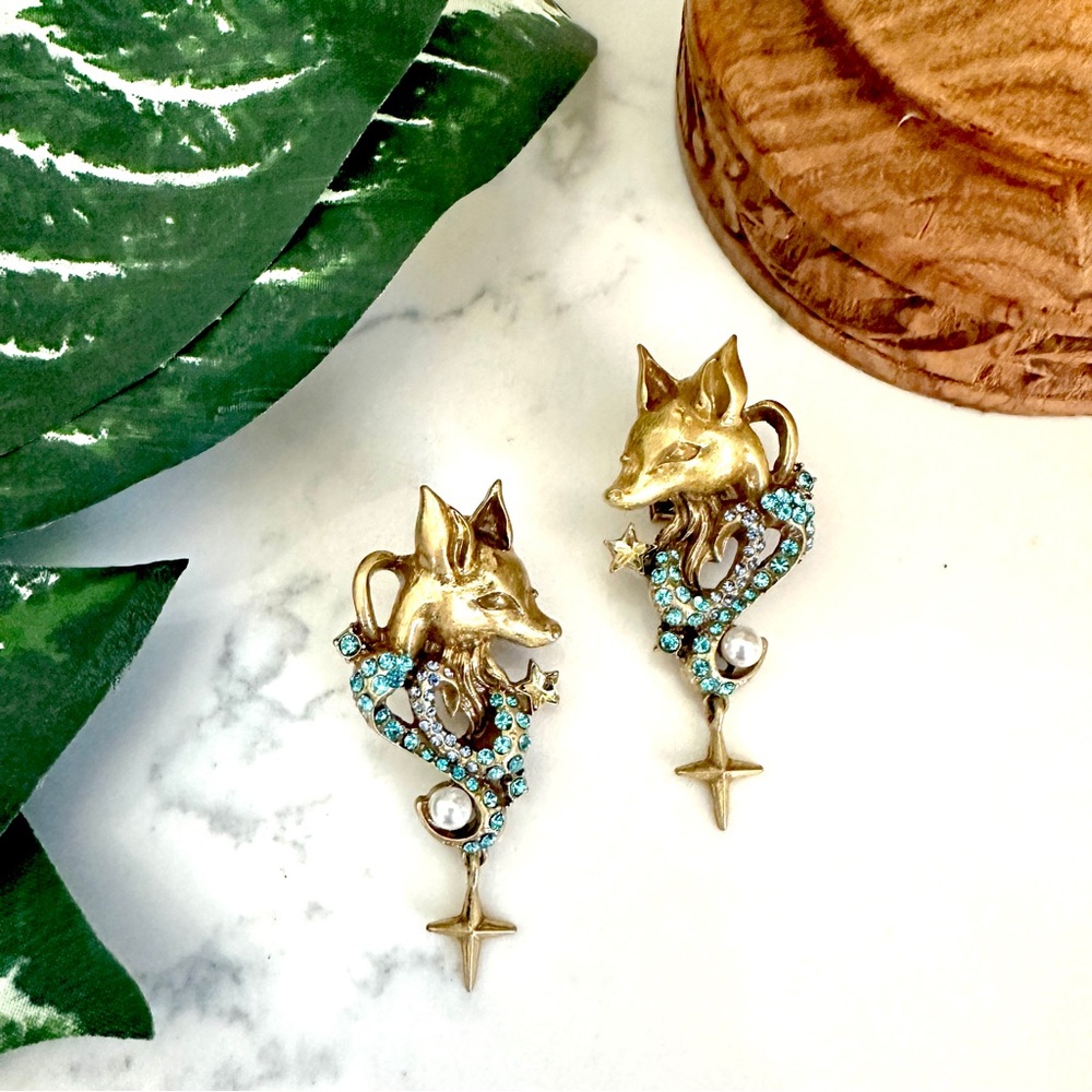 Art Nouveau Fox Antiqued Gold Earrings Blue Rhinestone Vintage Style Baroque NEW